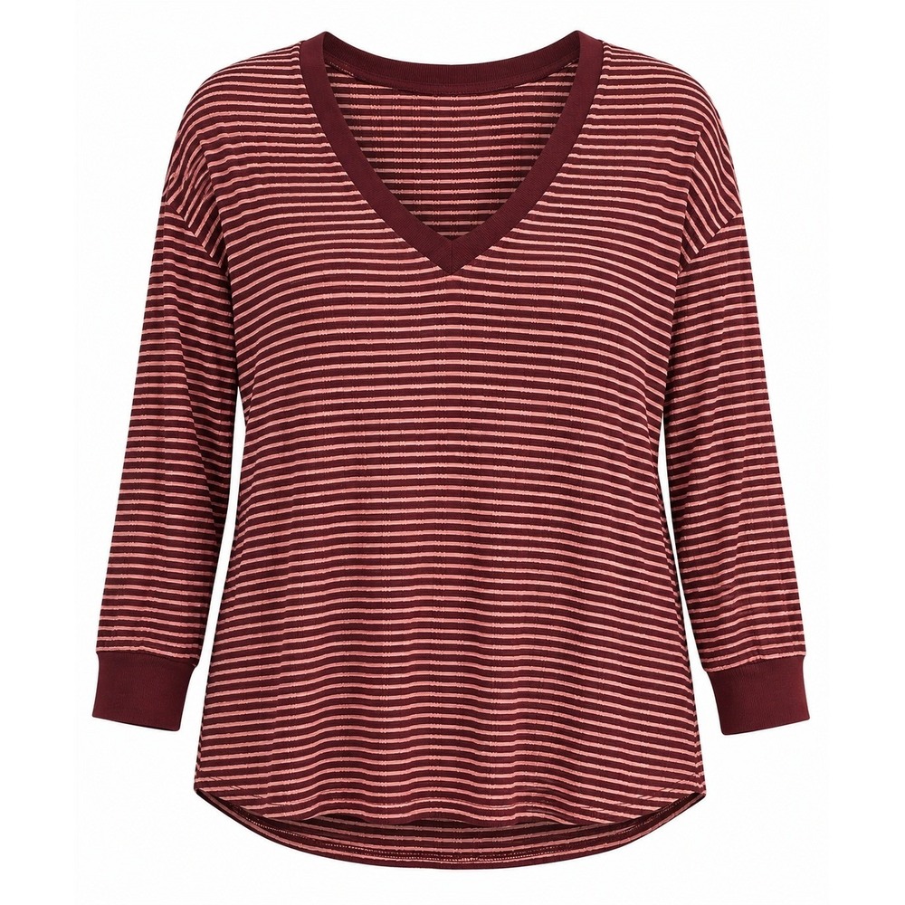 Anthropologie Striped V-Neck Top XL Burgundy Pink Textured Knit Long Sleeve